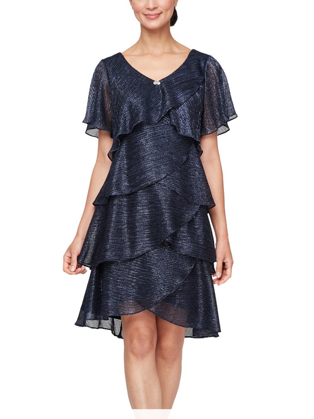 SL Fashions Navy Metallic Layered Ruffle Midi Dress